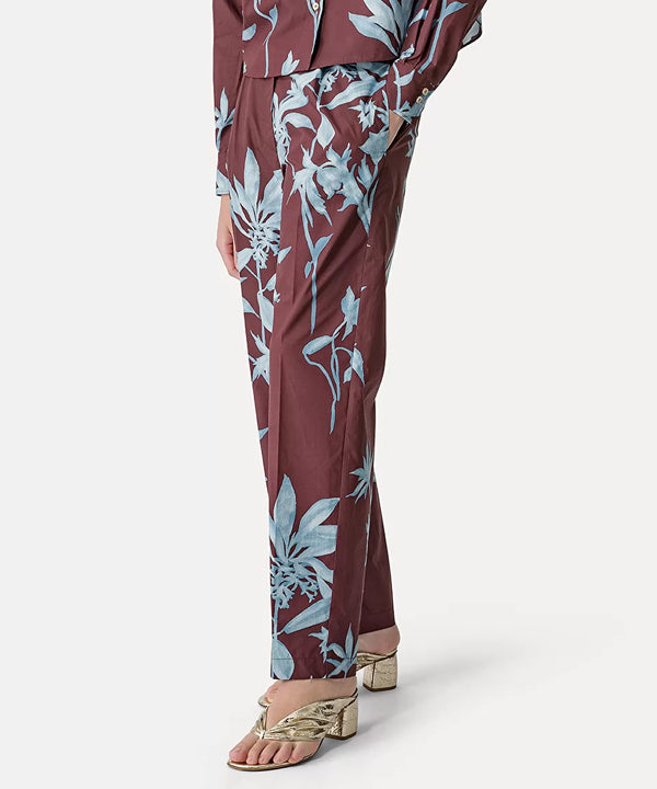 מכנסי כותנה בגזרה גבוהה רגל ישרה עם הדפס פרחים בתכלת