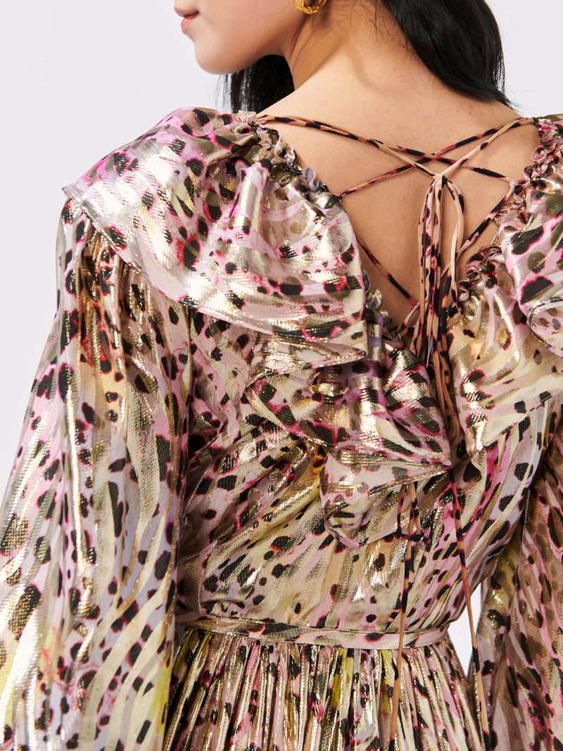 שמלת מקסי בשילוב משי ולורקס שרוול ארוך הדפס חברבורות על רקע צבעוני בגוון מוזהב