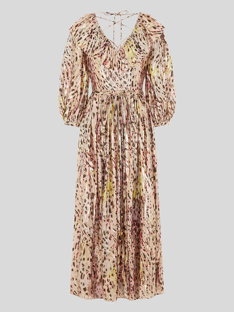 שמלת מקסי בשילוב משי ולורקס שרוול ארוך הדפס חברבורות על רקע צבעוני בגוון מוזהב