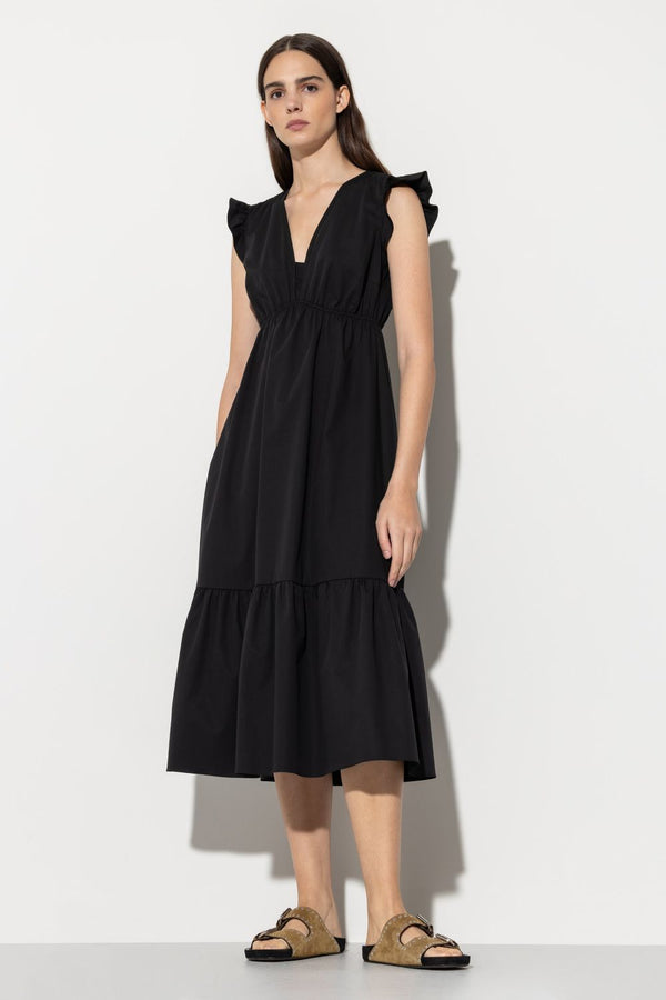 שמלת כותנה פלואידית אורך מידי בצבע שחור ללא שרוולים עם וולן צווארון במפתח V
