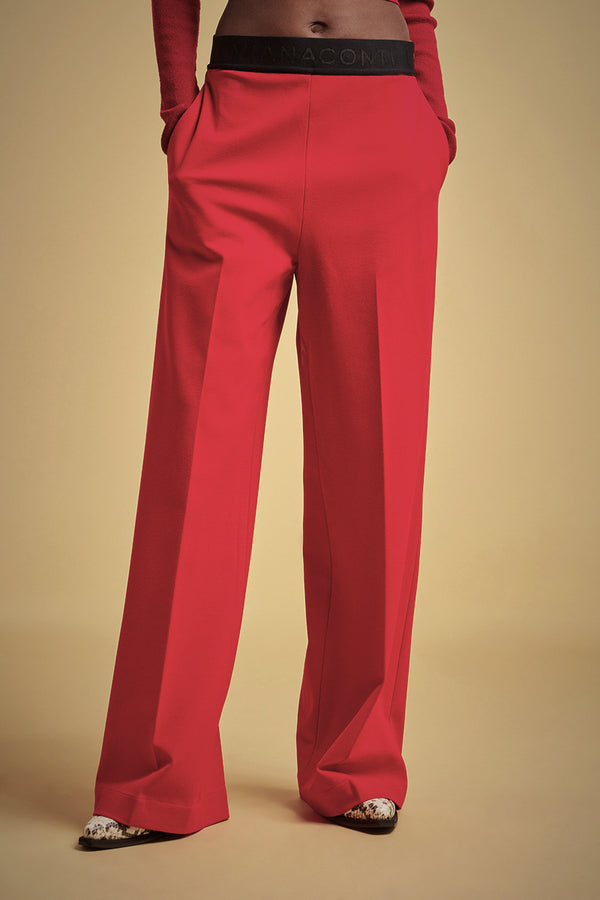 מכנסיים בשילוב ויסקוזה מראה מחוייט עם גומי שחור במותן רגל רחבה קיים באדום / שחור