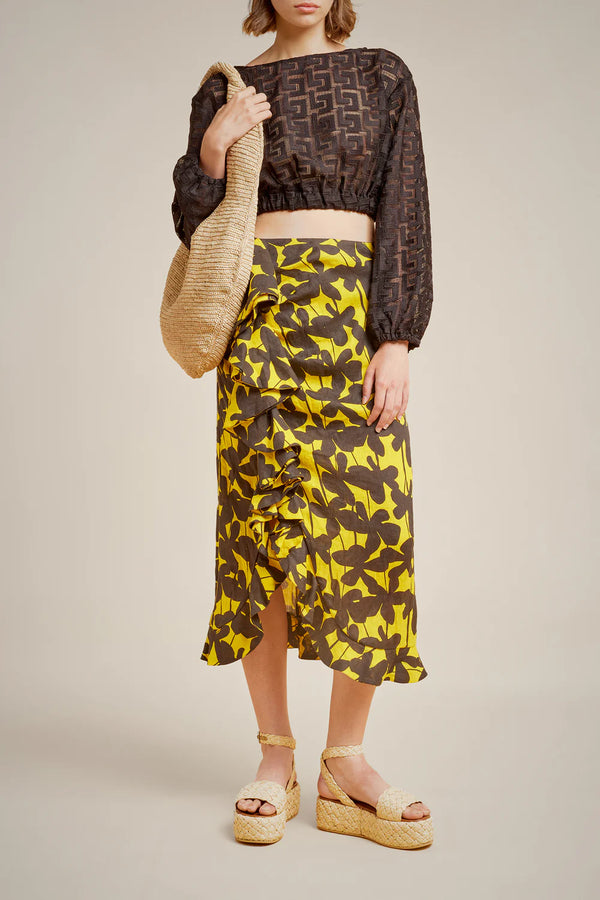 חצאית מידי משתן עם מפתח קדמי מעוטר סלסולים הדפס פרחים חומים על רקע צהוב