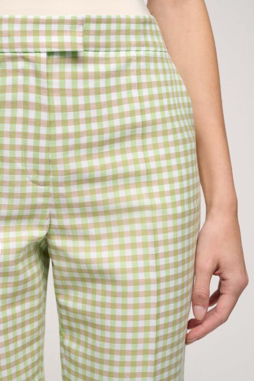 מכנסיים מחוייטים בשילוב פשתן וכותנה הדפס משבצות ירוק בהיר רגל צרה