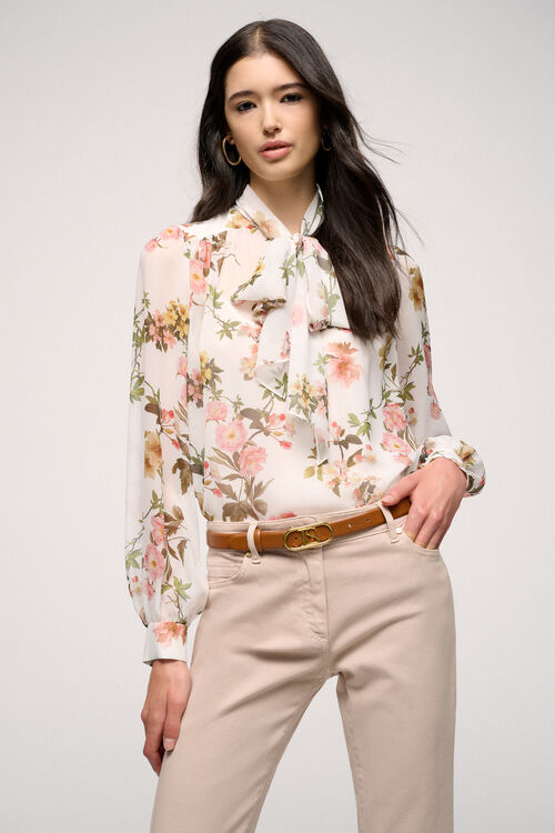 חולצת משי אלגנטית שרוול ארוך עם צווארון קשירה בהדפס פרחים צבעוני