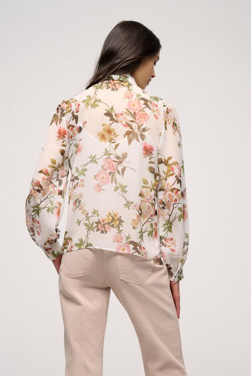 חולצת משי אלגנטית שרוול ארוך עם צווארון קשירה בהדפס פרחים צבעוני