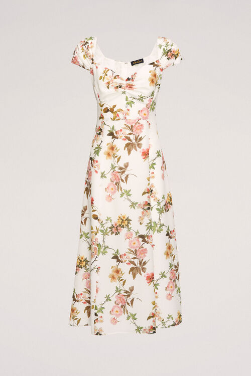 שמלת משי אלגנטית אורך מכסה ברך בהדפס פרחים צבעוני מחשוף בצורת לב