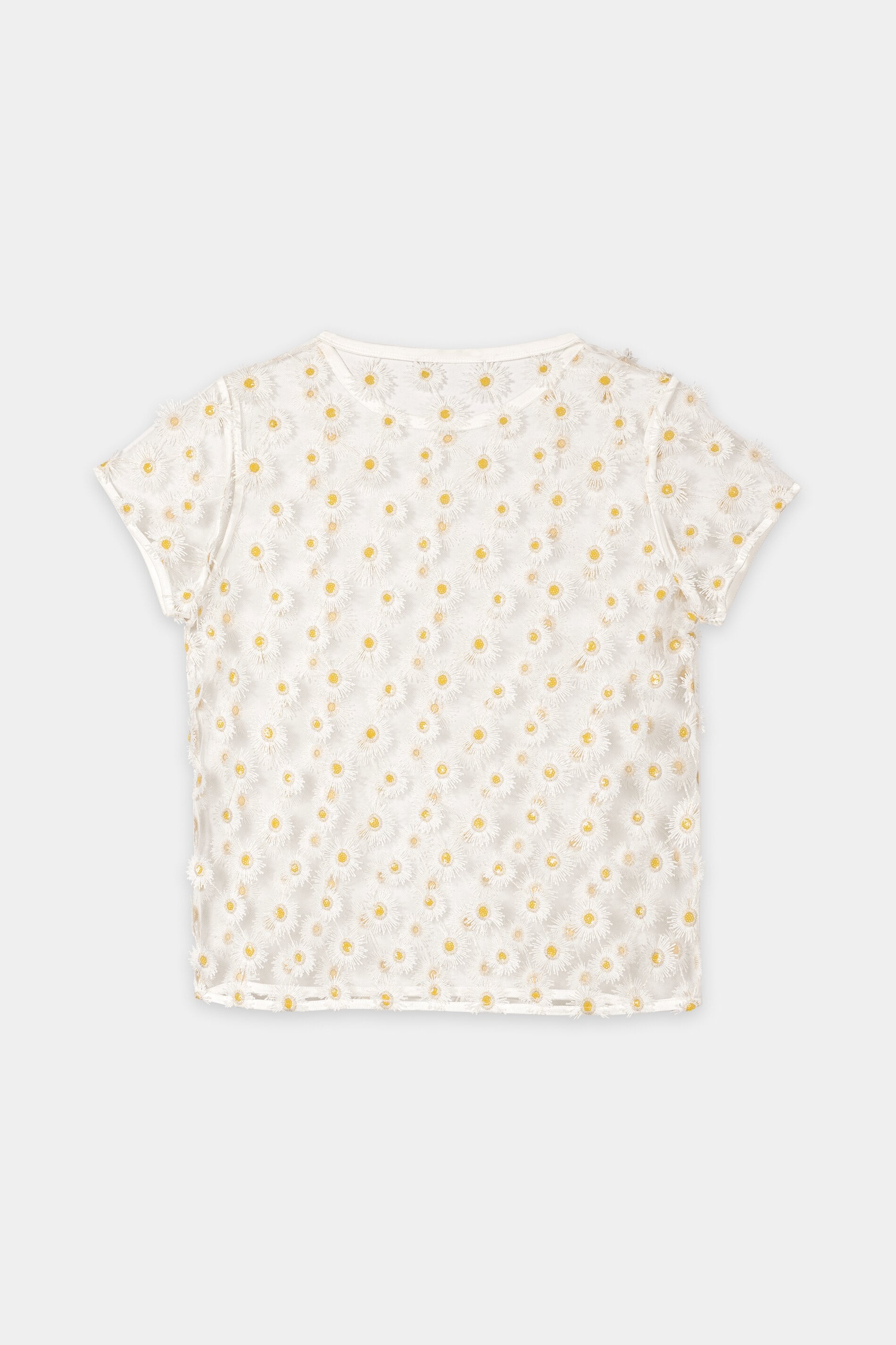 חולצה מבית המותג Luisa Cerano, עשויה בד טול שקוף בעיטור רקמת פרחים תלת מימדית. עם שרוולים קצרים וצאוורון עגול. ללא בטנה.הרכב: 100% פוליאסטרהדוגמנית בגובה 1.78 ולובשת מידה 36 של Luisa Cerano