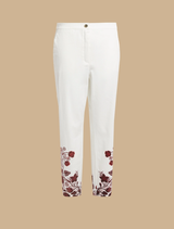 מכנסיים לבנים אלגנטיים רגל צרה עם הדפס פרחים בצבע בורדו