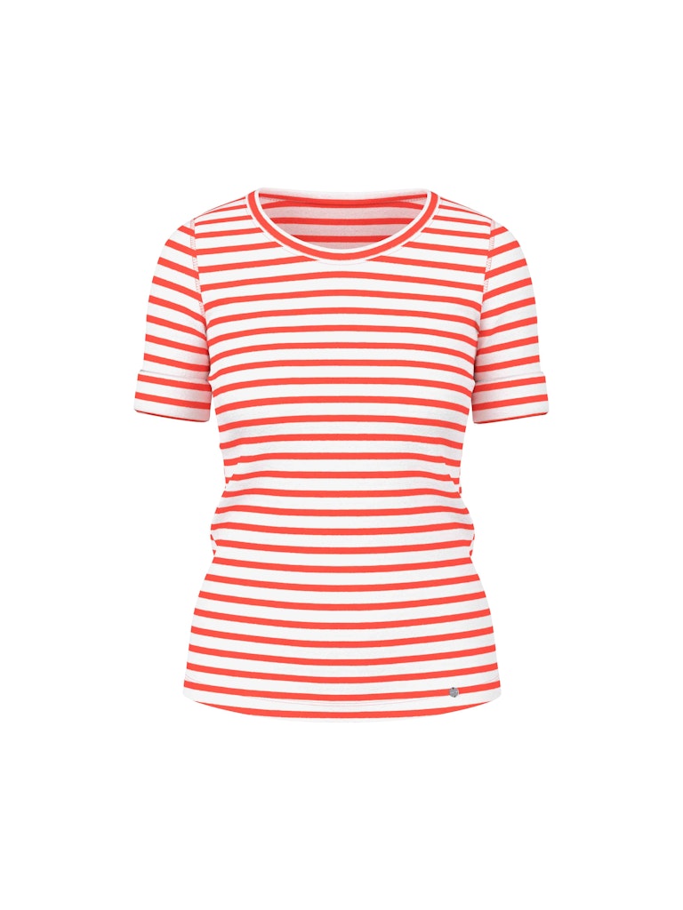 חולצת טישירט בגזרה צמודה לגוף, מבד כותנה נעים ונוח בטקסטורת פסי ריב, ודוגמת פסים בצבעי אדום ולבן. שרוולים באורך המרפק הניתנים לקיפול, וצווארון עגול.הרכב: 94% כותנה, 6% אלסטןהדוגמנית בגובה 1.79 ולובשת מידה 3 של מארק קיין