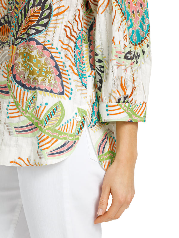 חולצת A ליין בהדפס אבסטרקטי צבעוני עם שרוול 3/4 רחב צווארון במפתח עגול