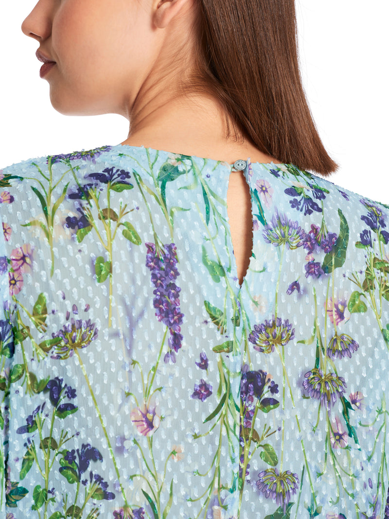 חולצה נוזלית בהדפס פרחי לבנדר עם פס וולן שרוול ארוך צווארון במפתח עגול