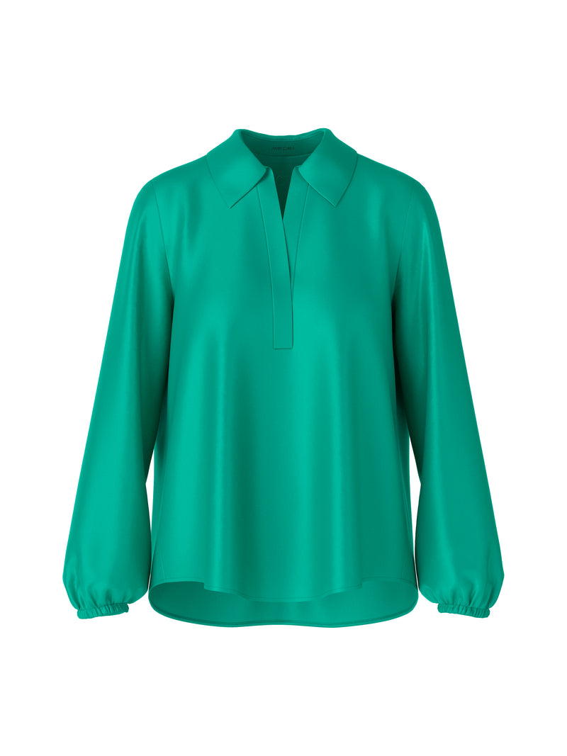 חולצה אלגנטית סטייל פולו בצבע אמרלד מראה נוזלי ללא כפתורים שרוול ארוך