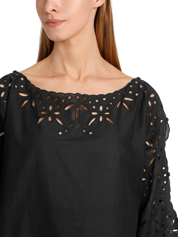 חולצת כותנה שחורה שרוול ארוך אלמנט תחרה היוצר צווארון במפתח רחב