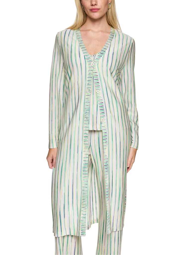 קרדיגן ארוך ואלגנטי, עשוי סריג ויסקוזה רך בשילוב לורקס למראה ברק עדין, בדוגמת פסים בגוונים בהירים. גזרה קלילה ונינוחה, באורך הברך, צווארון וי, סגירה באמצעות כפתורים, ושסעים במכפלת.הרכב: 91% ויסקוזה, 7% כותנה אורגנית, 2% סיבים מתכתייםהדוגמנית בגובה 1.79 ולובשת מידה 3 של מארק קיין