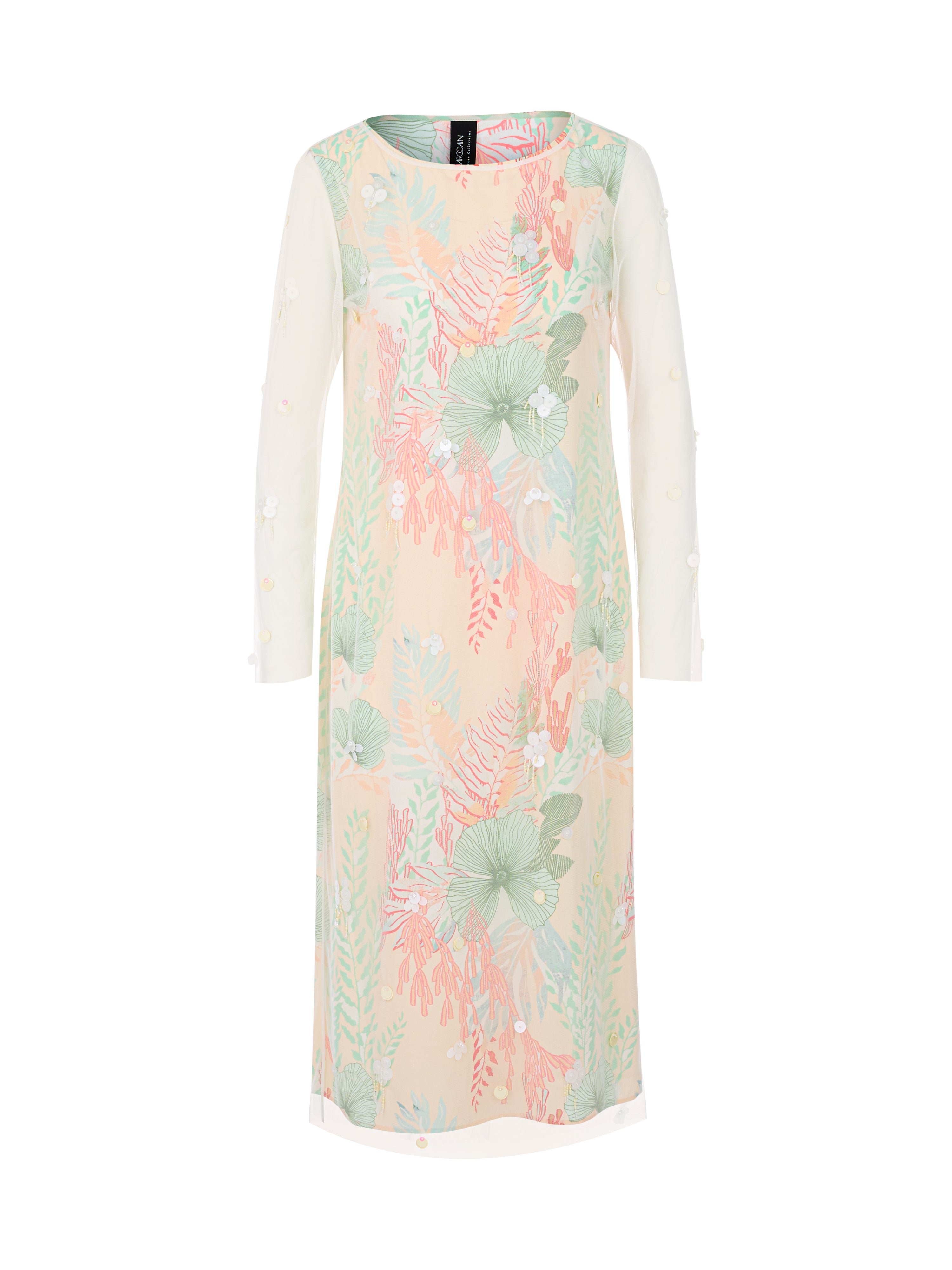 שמלת מידי עם שרוולים שקופים למחצה בעיטור חרוזיםהרכב: 100% פוליאסטר ממוחזרהדוגמנית בגובה 1.79 ולובשת מידה 3 של מארק קיין