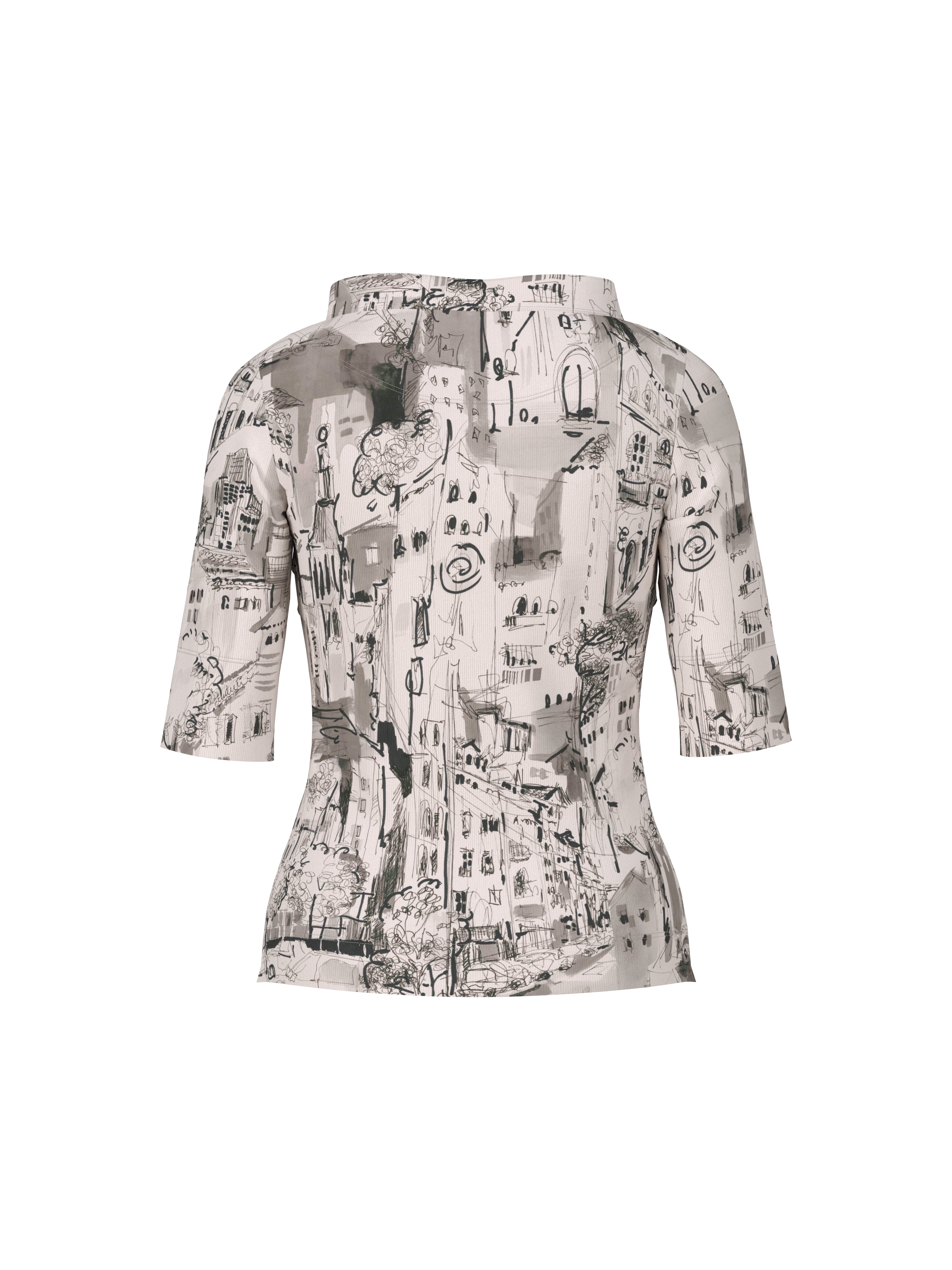 חולצה עם הדפס עירוני בגזרה צמודה, עם צווארון עומד ושרוולים באורך חציעשויה בד נעים עם מראה חלק ועיצוב מינימליסטיהרכב בד: 54% פוליאמיד, 46% ויסקוזההדוגמנית בגובה 1.79 ולובשת מידה 3 של מארק קיין