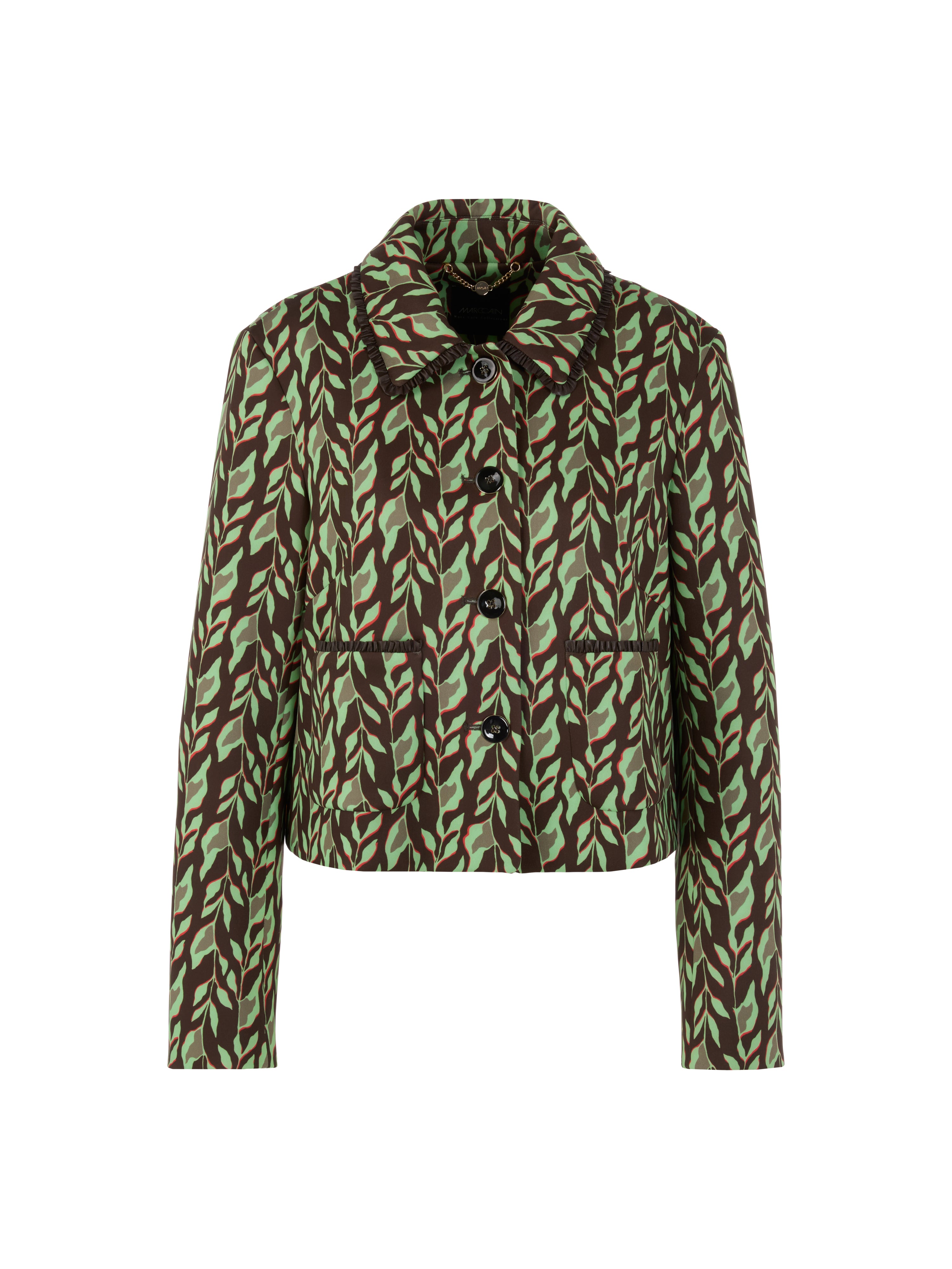 ז'קט קרופ מבד סקובה עם סגירת כפתורים בהדפס עליםהרכב: 87% פוליאסטר, 13% אלסטןהדוגמנית בגובה 1.79 ולובשת מידה 3 של מארק קיין