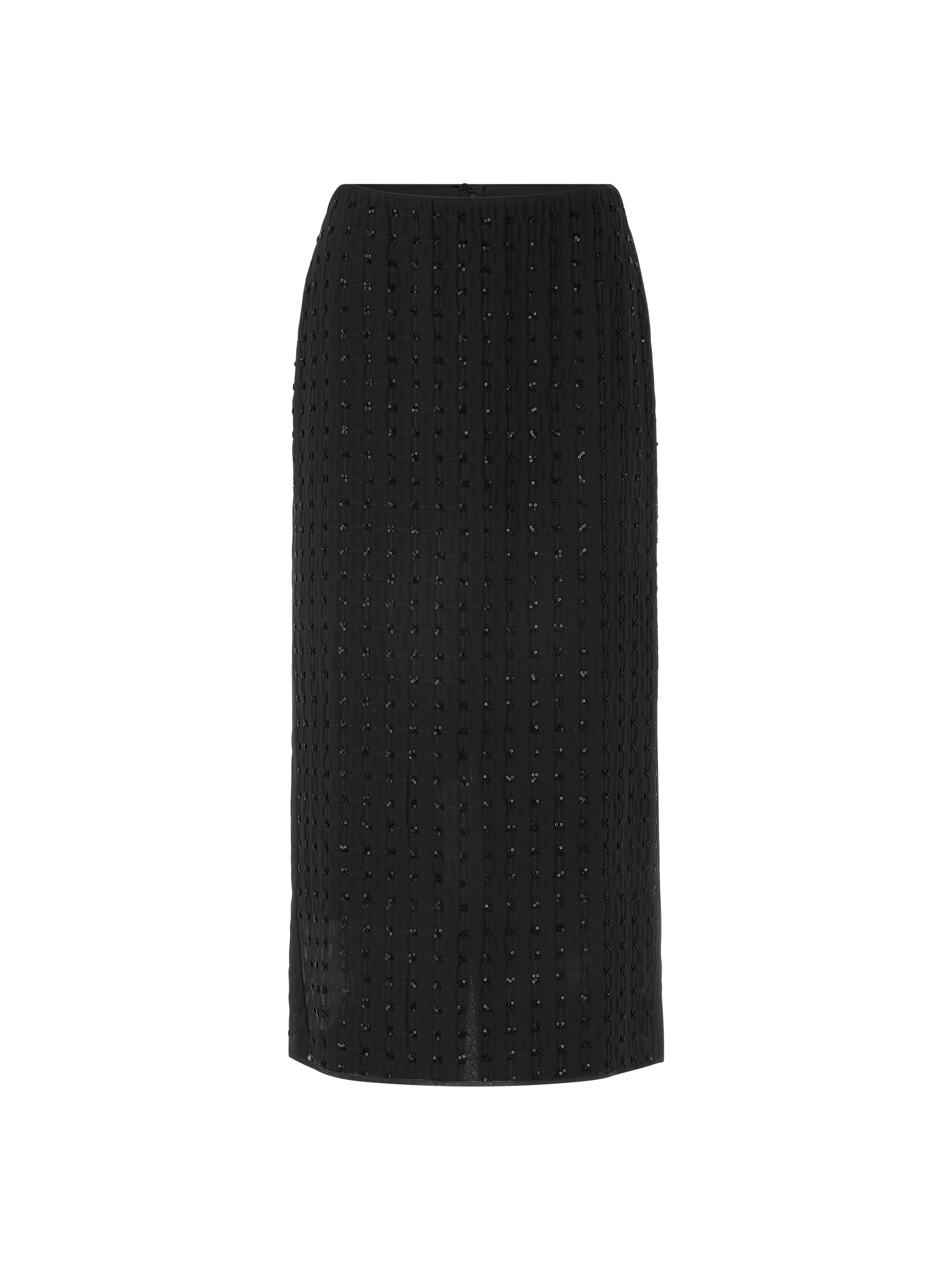 חצאית שחורה ישרה באורך מידי, רקומה כולה בפאייטים מבריקיםכוללת רוכסן נסתר ושסע אחוריהרכב בד: 100% פוליאסטרהדוגמנית בגובה 1.79 ולובשת מידה 3 של מארק קיין