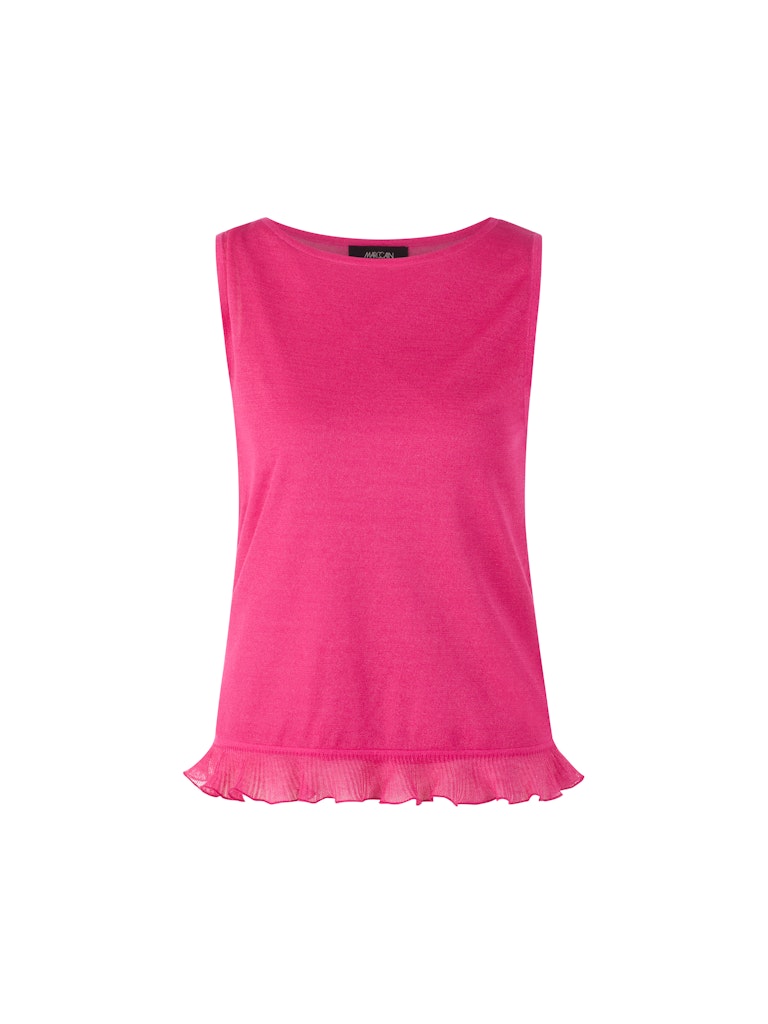 טופ אלגנטי ללא שרוולים, עשוי סריג שקפקף מתערובת ויסקוזה ומשי רכה, בשילוב חוט לורקס למראה ברק עדין. גזרה ישרה וצמודה לגוף, עם צווארון עגול, ומכפלת בגימור מסולסל. שכבה תחתונה הניתנת להסרה, עשויה בד מודל אלסטי, ומעניקה לך נוחות וגמישות.הרכב: 73% ויסקוזה, 19% פוליאסטר, 8% משי. בטנה- 93% מודל, 7% אלסטןהדוגמנית בגובה 1.79 ולובשת מידה 3 של מארק קיין 