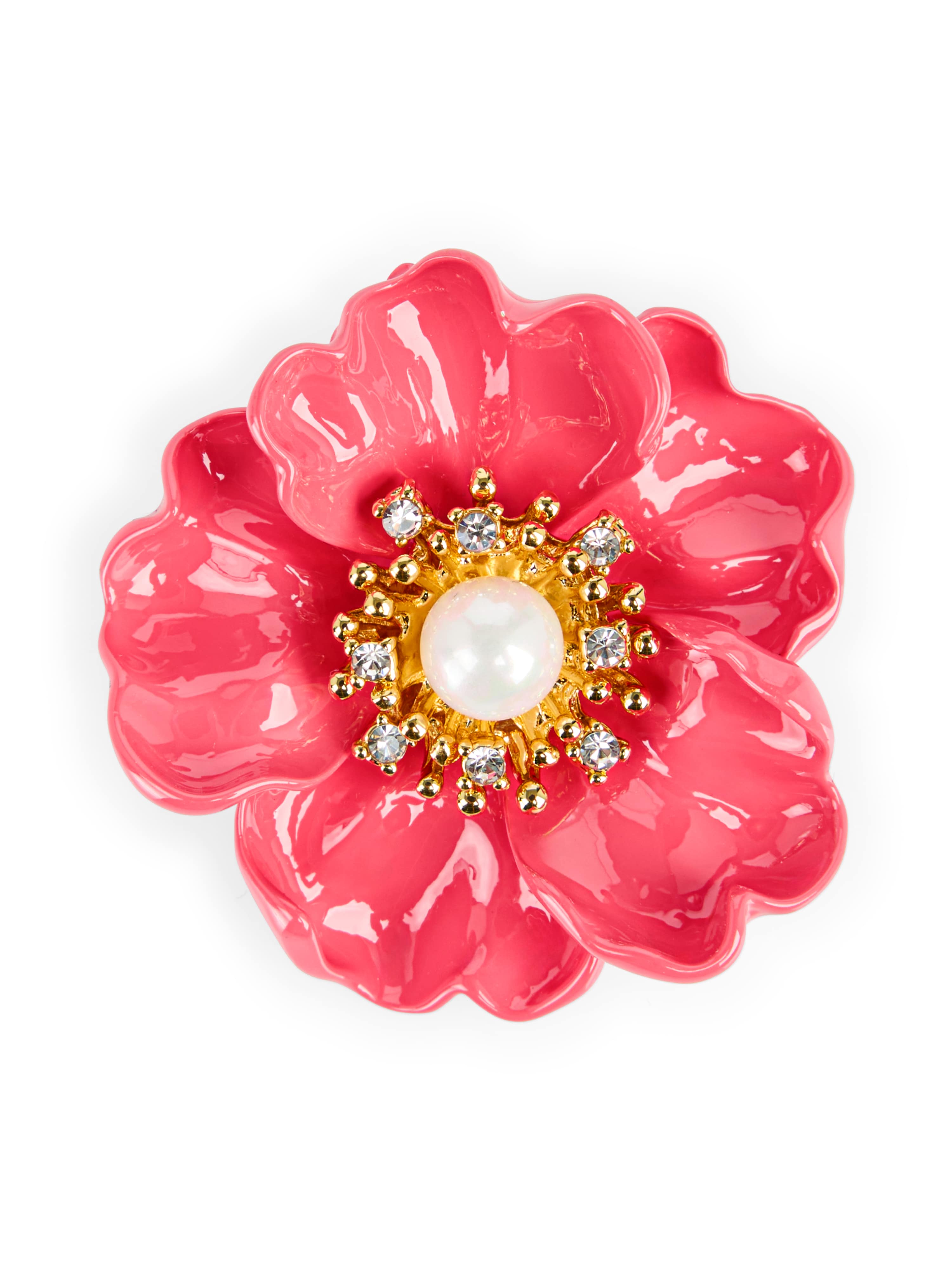 סיכת פרח בצבע ורוד עם גימור זהוב, פנינה במרכז וקריסטלים מבריקיםהרכב חומרים: 100% מתכת