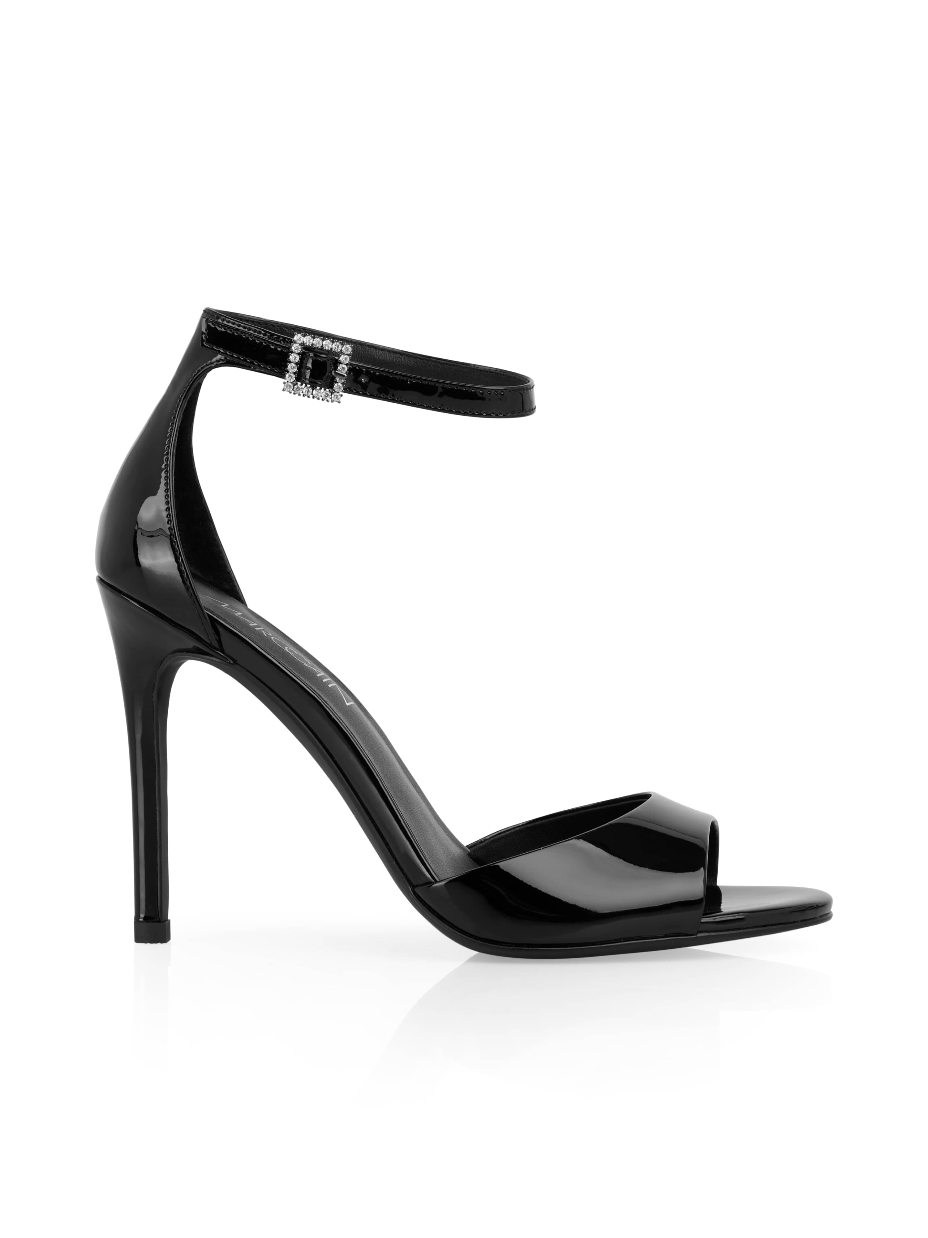 סנדלים אלגנטיים עם עקב גבוה, רצועת הקרסול מעוטרת באבני חן מבריקותהרכב: 100% עור