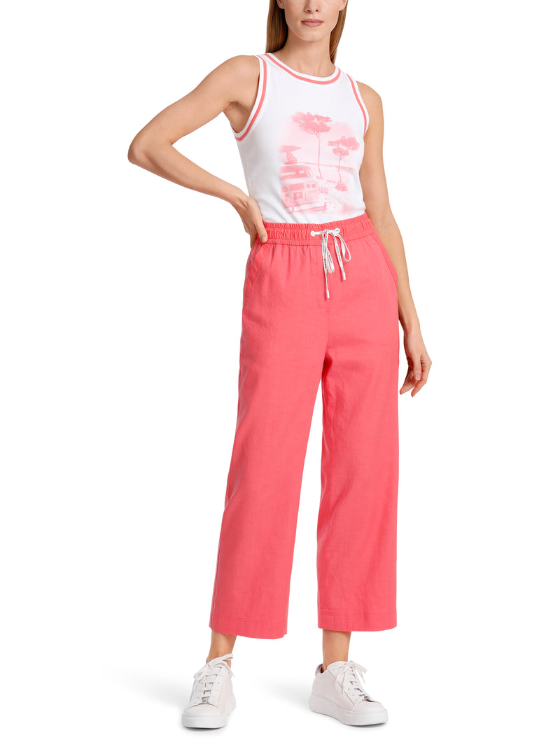 מכנסי לאונג' 7/8 דגם WUSU בצבע ורוד משילוב פשתן וכותנה רגל רחבה גומי במותן