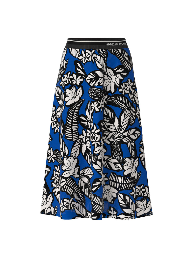 חצאית מידי "RETHINK TOGETHER"  בגזרת פלייר עם גומי במותן הדפס פרחים על רקע כחול רויאל
