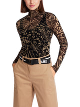 חולצת גולף שרוול ארוך מעט שקופה בצבע שחור עם הדפס עלים וחברבורות