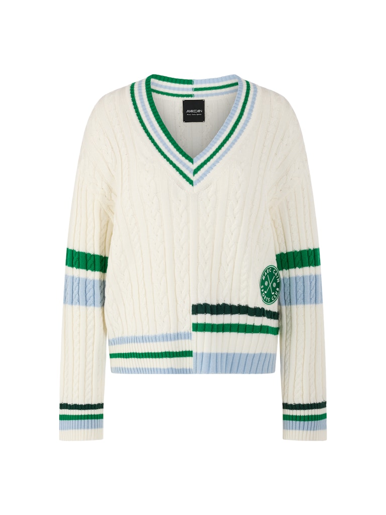 סוודר בגזרה רחבה ונינוחה, מתערובת כותנה וצמר רכה. סרוג בדוגמת פסי צמה קלאסית, עם צווארון וי רחב בגימור פסים צבעוניים, ושילוב דיטיילס של פסים במכפלת ובשרוולים.הרכב: 70% כותנה, 30% צמרהדוגמנית בגובה 1.79 ולובשת מידה 3 של מארק קיין