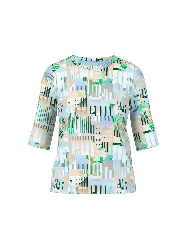 חולצת טישירט בגזרה צמודה לגוף, מבד כותנה ג'רזי נעים ונוח בטקסטורת פסי ריב והדפס צבעוני אופנתי. שרוולים באורך המרפק הניתנים לקיפול, וצווארון עגול.הרכב: 94% כותנה אורגנית, 6% אלסטןהדוגמנית בגובה 1.79 ולובשת מידה 3 של מארק קיין