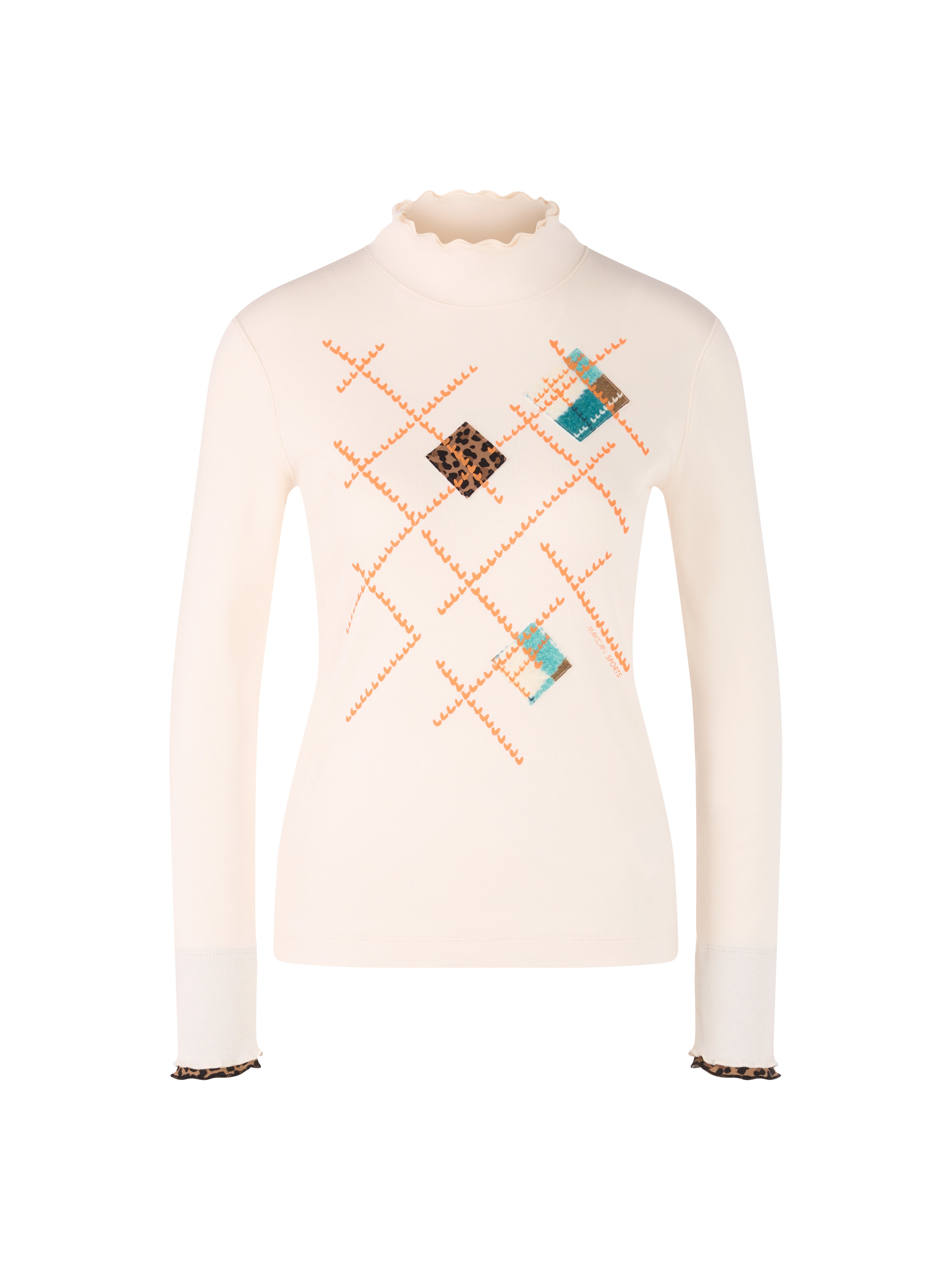 חולצת גולף צמודה עם שרוולים ארוכים בצבע שמנת בהירהמעוטרת בדוגמת משבצות עדינה והדפס מנומר על קצות השרוולים והצווארוןהרכב בד: 94% כותנה, 6% אלסטןהדוגמנית בגובה 1.79 ולובשת מידה 3 של מארק קיין