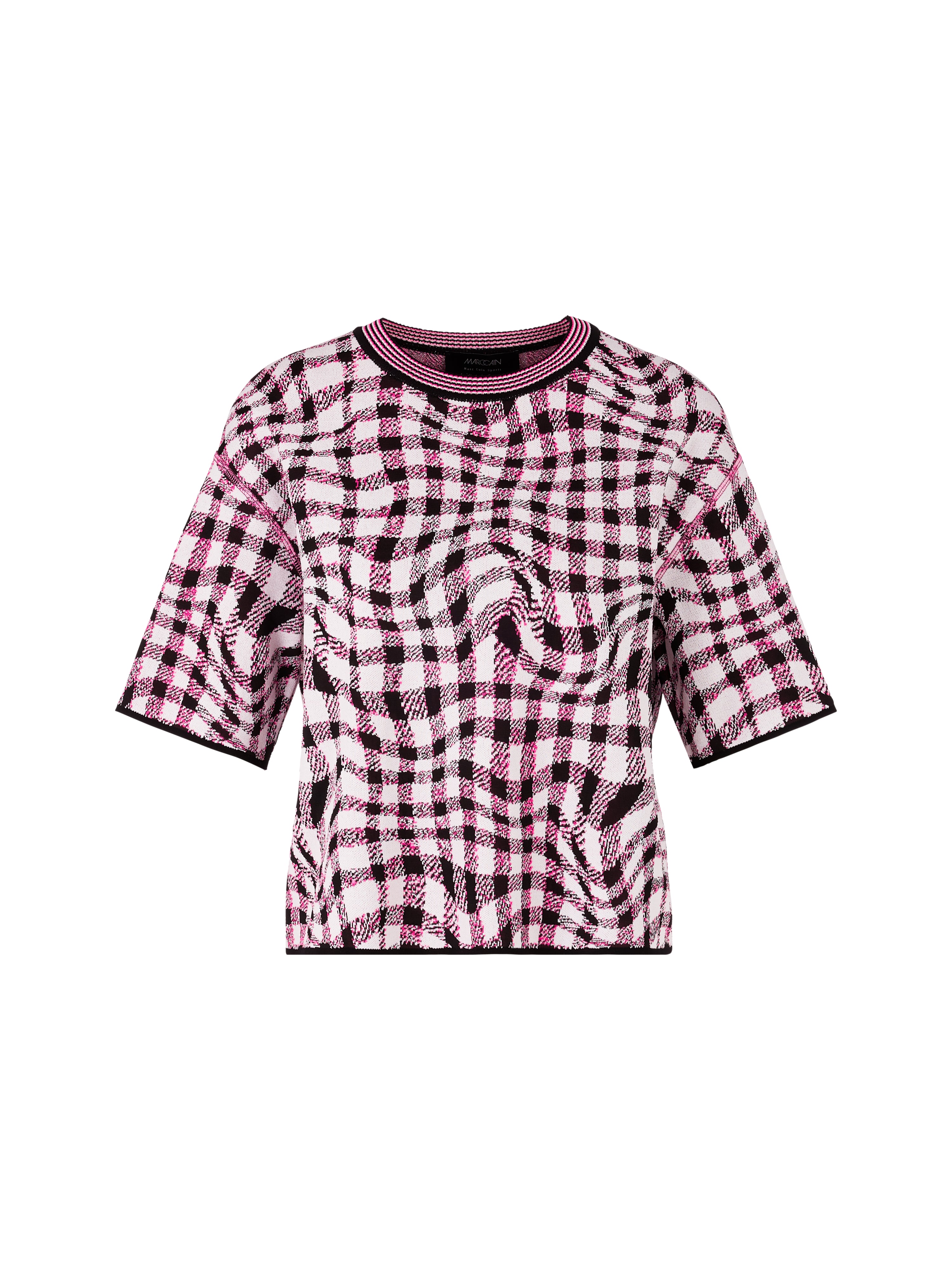 חולצה סרוגה עם שרוולים קצרים בהדפס משבצותהרכב: 72% ויסקוזה 16% פוליאסטר 12% פוליאמידהדוגמנית בגובה 1.79 ולובשת מידה 3 של מארק קיין