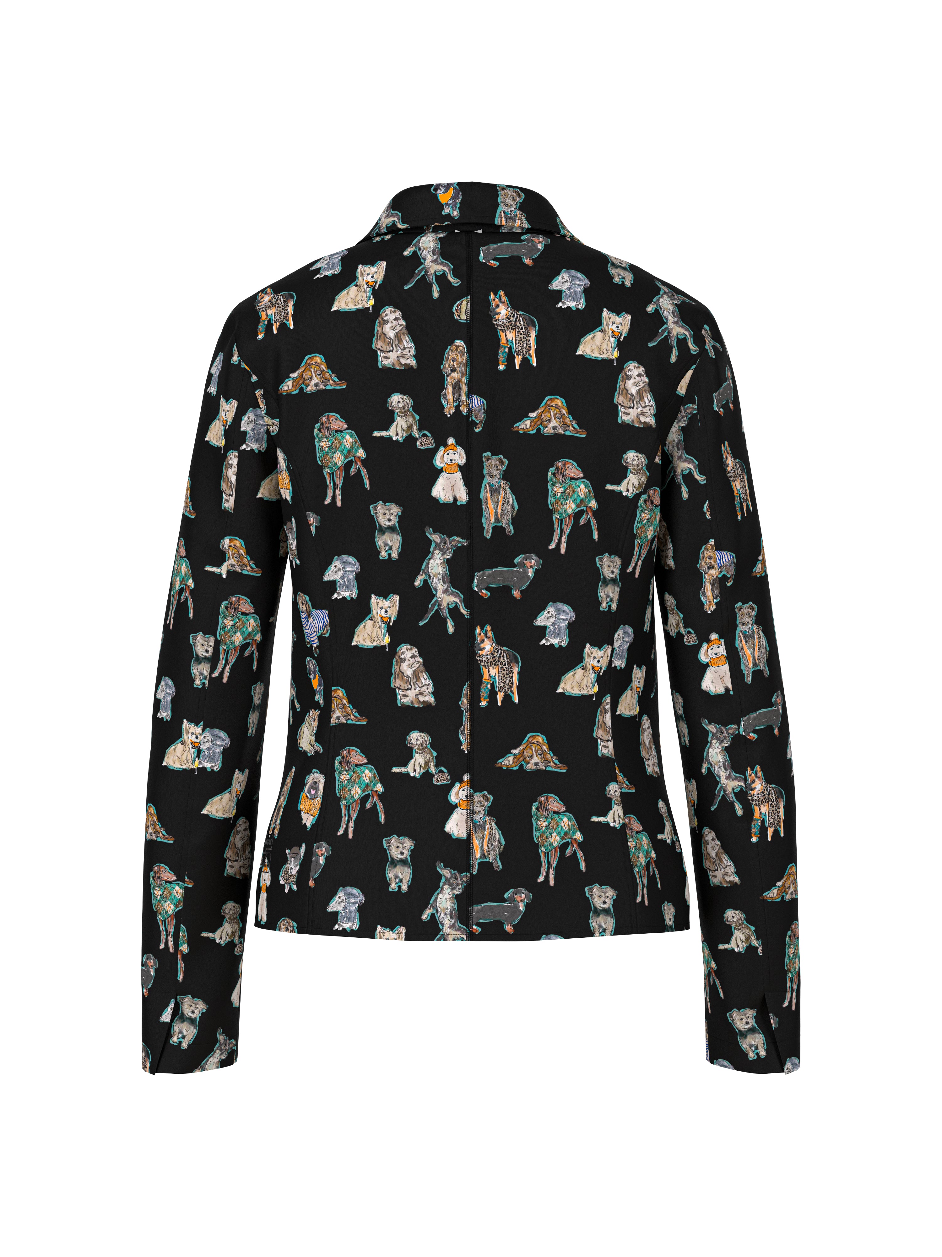 בלייזר סקובה עם הדפס כלביםסגירה עם שני כפתורים וכיסים בחזיתשרוולים עם בטנת הדפס נמרהרכב בד: 100% פוליאסטרהדוגמנית בגובה 1.79 ולובשת מידה 3 של מארק קיין 