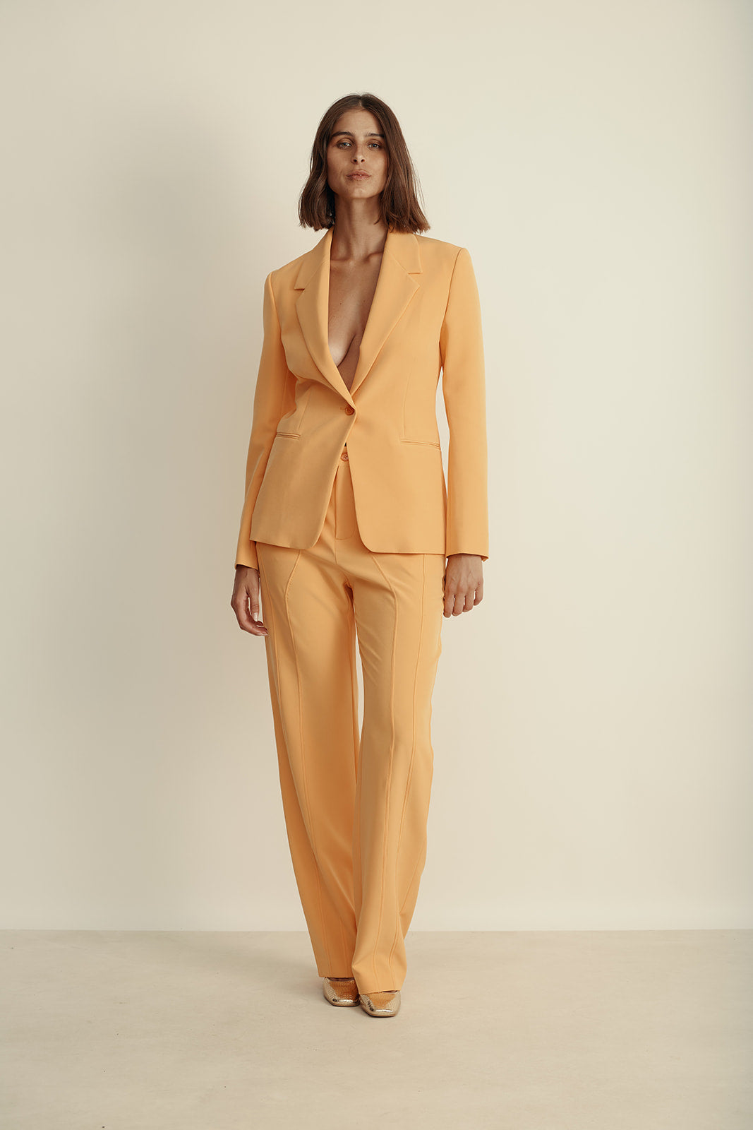 בלייזר מחוייט מקולקציית MOSCHINO Jeans עם כיסים נסתריםהרכב: 88% פוליאסטר, 12% אלסטןהדוגמנית בגובה 1.80 ולובשת מידה 42 איטלקית