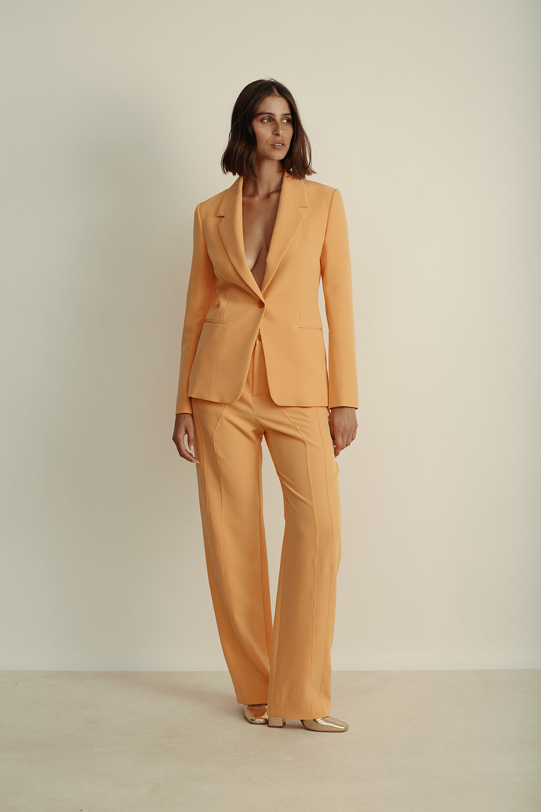 מכנסיים מחוייטים מקולקציית MOSCHINO Jeans עם תפירה מיוחדת בחלק הקידמיהרכב: 88% פוליאסטר, 12% אלסטןהדוגמנית בגובה 1.80 ולובשת מידה 44 איטלקית