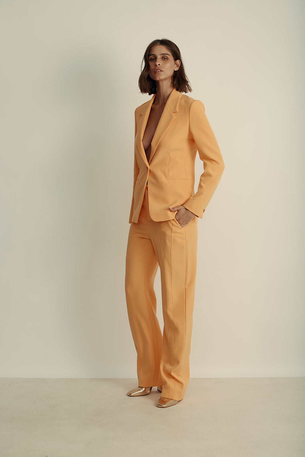 מכנסיים מחוייטים מקולקציית MOSCHINO Jeans עם תפירה מיוחדת בחלק הקידמיהרכב: 88% פוליאסטר, 12% אלסטןהדוגמנית בגובה 1.80 ולובשת מידה 44 איטלקית