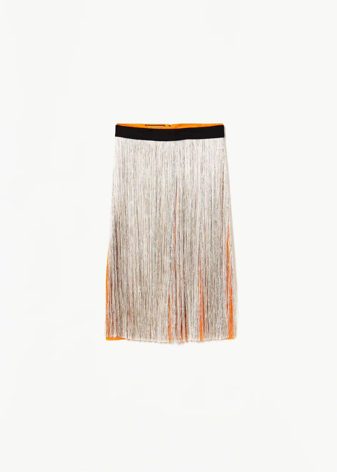 חצאית פרנזים בגזרה גבוהה עם חצאית בסיס מתחת מבד אורגנזה, סגירת רוכסן אחורית נסתרתהרכב: 53% ויסקוזה, 41% כותנה, 6% פוליאסטרהדוגמנית בגובה 1.76 ולובשת מידה 40 של PLAN C 