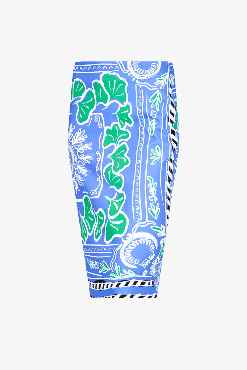 חצאית עפרון אורך ברך בהדפס אבסטרקטי תכלת עם ירוק רוכסן לאורך הגב