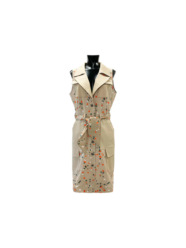 שמלת כותנה מכופתרת ללא שרוולים אורך ברך בצבע חאקי עם הדפס נקודות צבעוניות