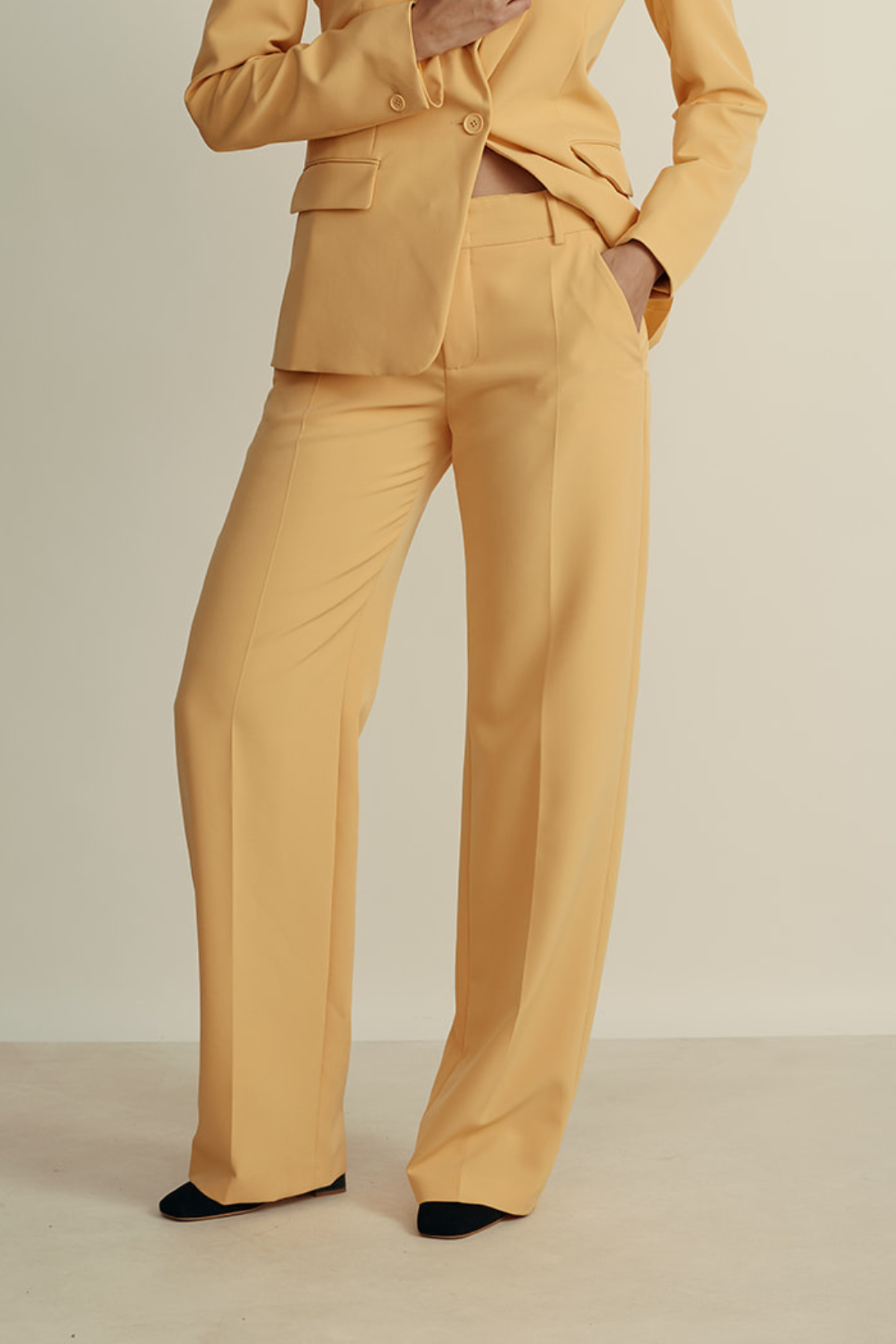 מכנסיים מחוייטים עם סיומת מתרחבת מקולקציית MOSCHINO Jeansהרכב: 88% פוליאסטר, 12% אלסטןהדוגמנית בגובה 1.80 ולובשת מידה 42 איטלקית