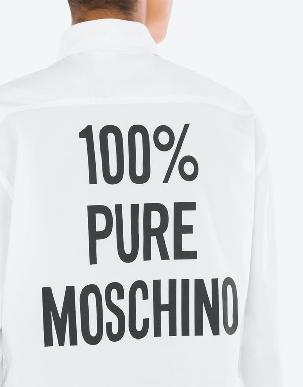 חולצה מכופתרת לבנה שרוול ארוך עם כיתוב שחור בגב 100% PURE MOSCHINO