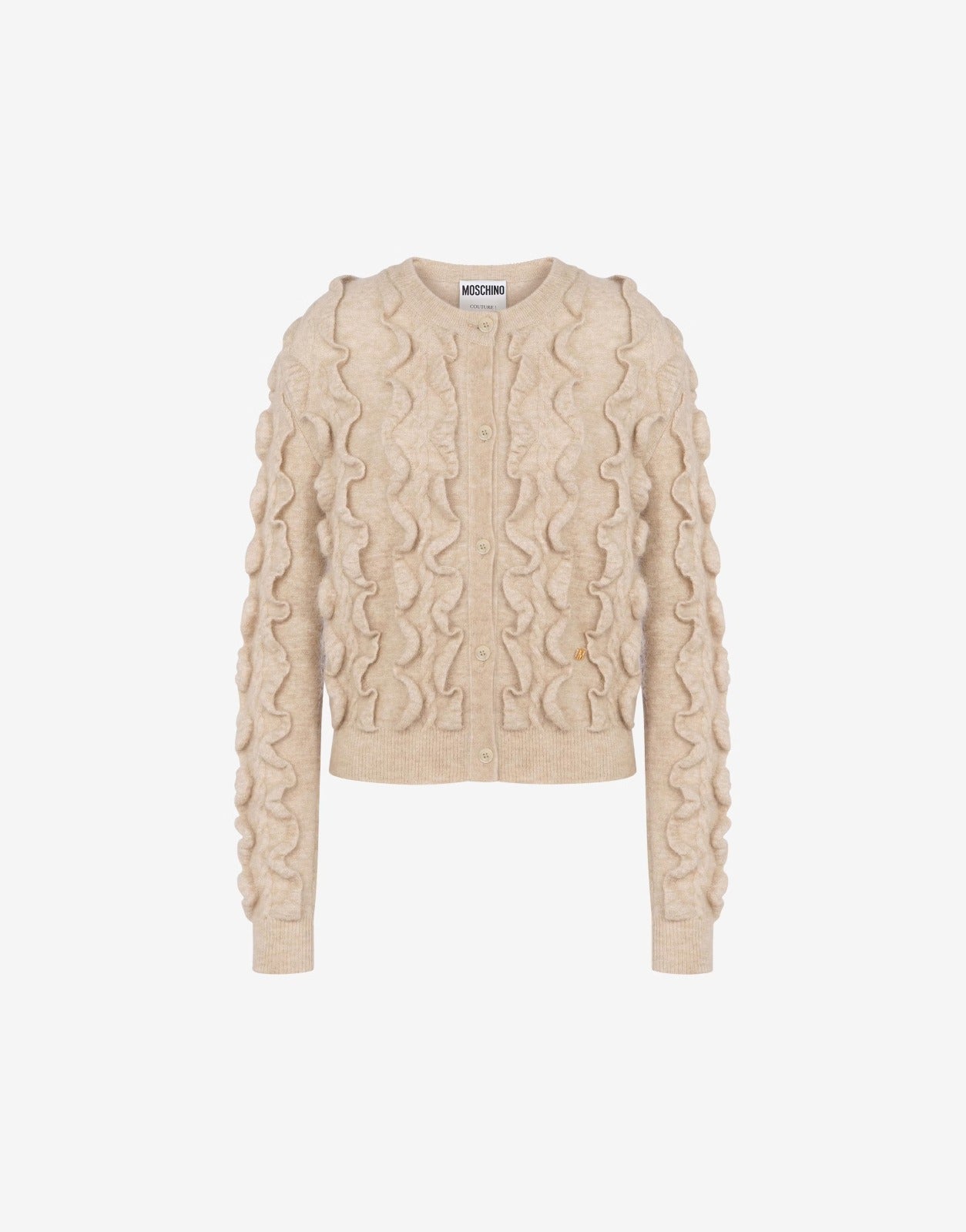 קרדיגן מקולקציית MOSCHINO Couture עם אלמנט מלמלה וסגירת כפתוריםהרכב: 30% צמר וירג'ין, 38% פוליאמיד, 31% מוהיר, 1% אלסטןהדוגמנית בגובה 1.80 ולובשת מידה 42 איטלקית 
