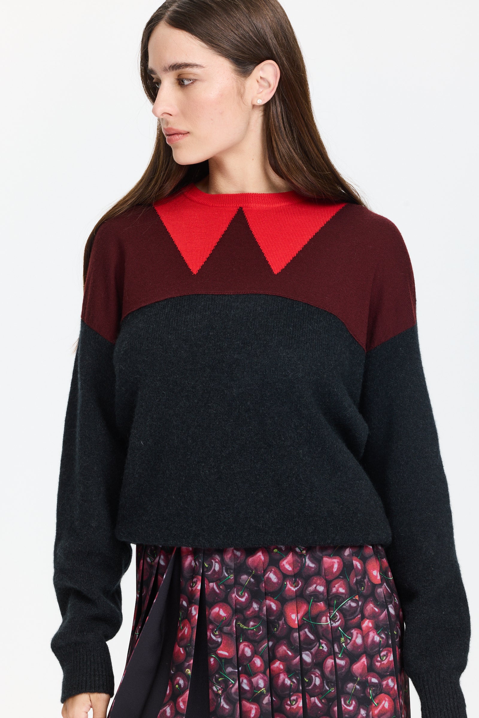 סוודר סרוג עם דוגמת צווארון אדומה ובסיס שחורהרכב הבד: 50% צמר מרינו דק, 30% צמר גמל, 10% ניילון, 10% צמר בתוליהדוגמנית בגובה 1.75 ולובשת מידה 44 של Plan C