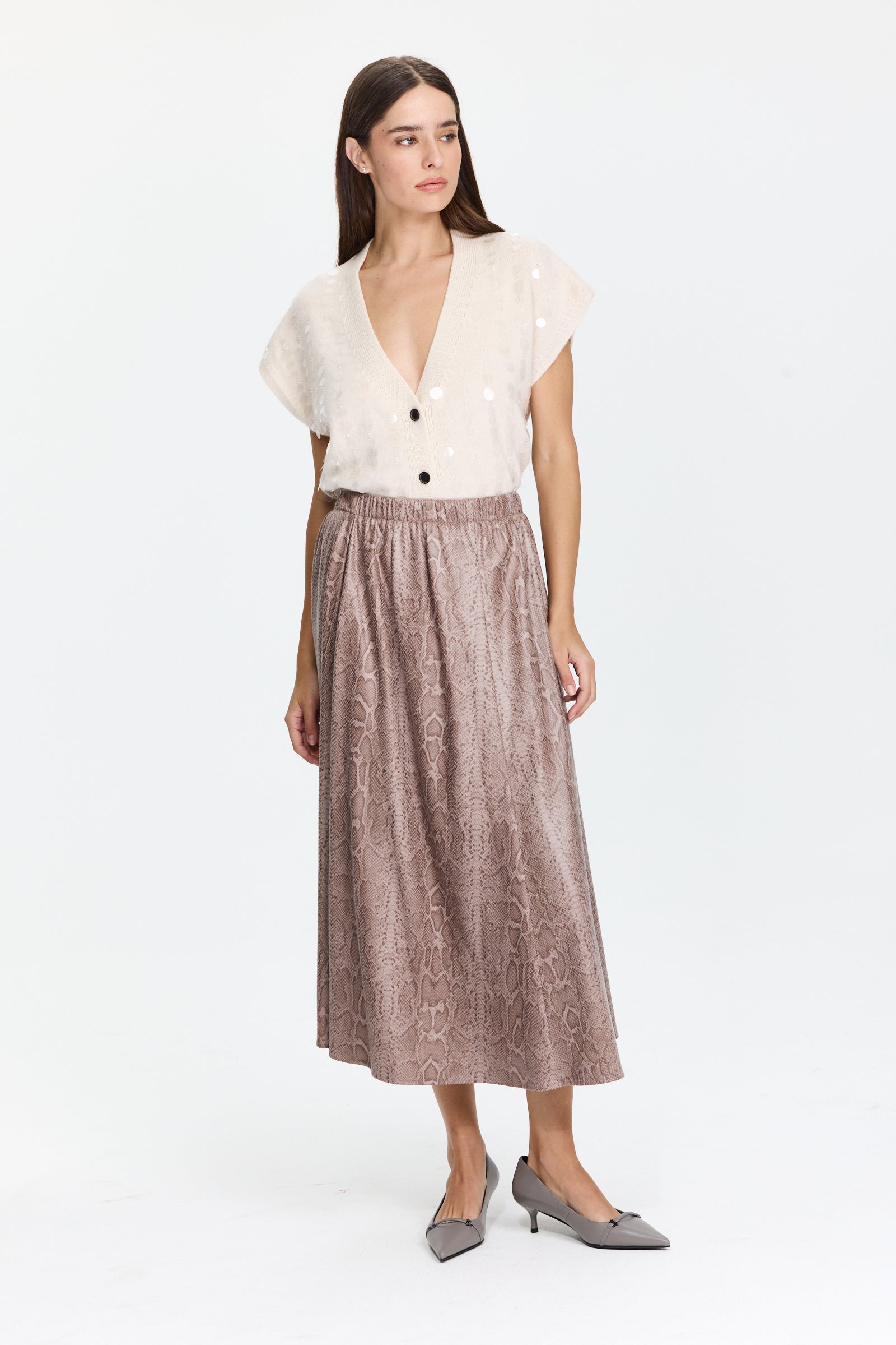 חצאית מידי בגזרה רחבה עם הדפס נחש ומותן אלסטיהרכב הבד: 100% פוליאסטרהדוגמנית בגובה 1.75 ולובשת מידה II של Forte Forte