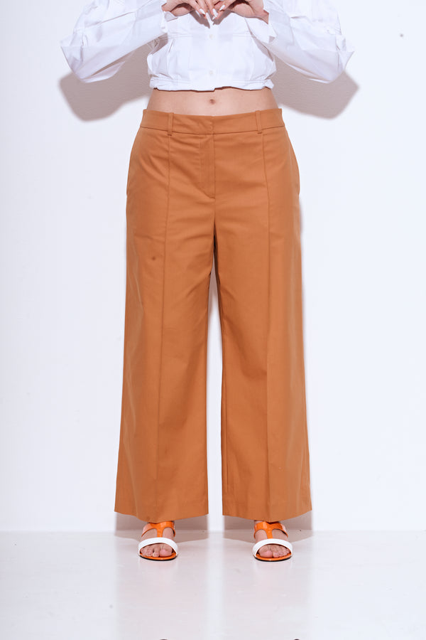 מכנסי מחוייטים בצבע קאמל משילוב כותנה רגל רחבה