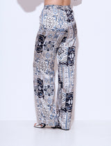 מכנסי לאונג' 100% משי בהדפס מרקש של גווני כחול רגל רחבה גומי במותן