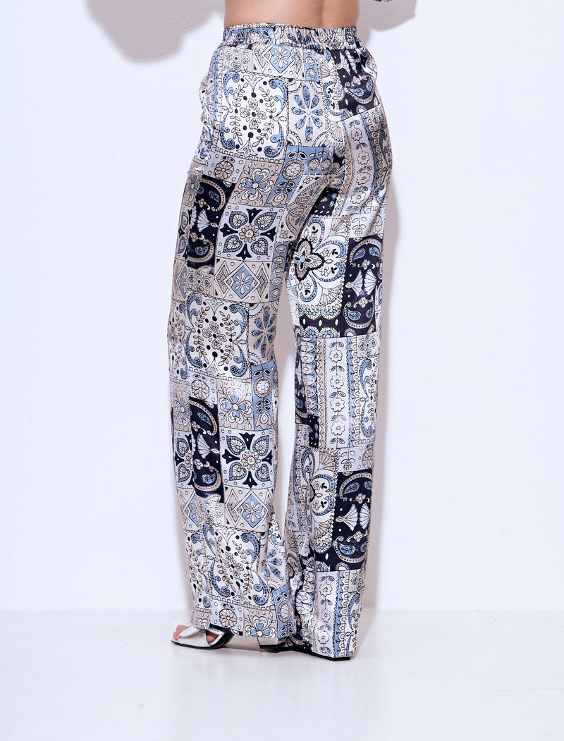 מכנסי לאונג' 100% משי בהדפס מרקש של גווני כחול רגל רחבה גומי במותן
