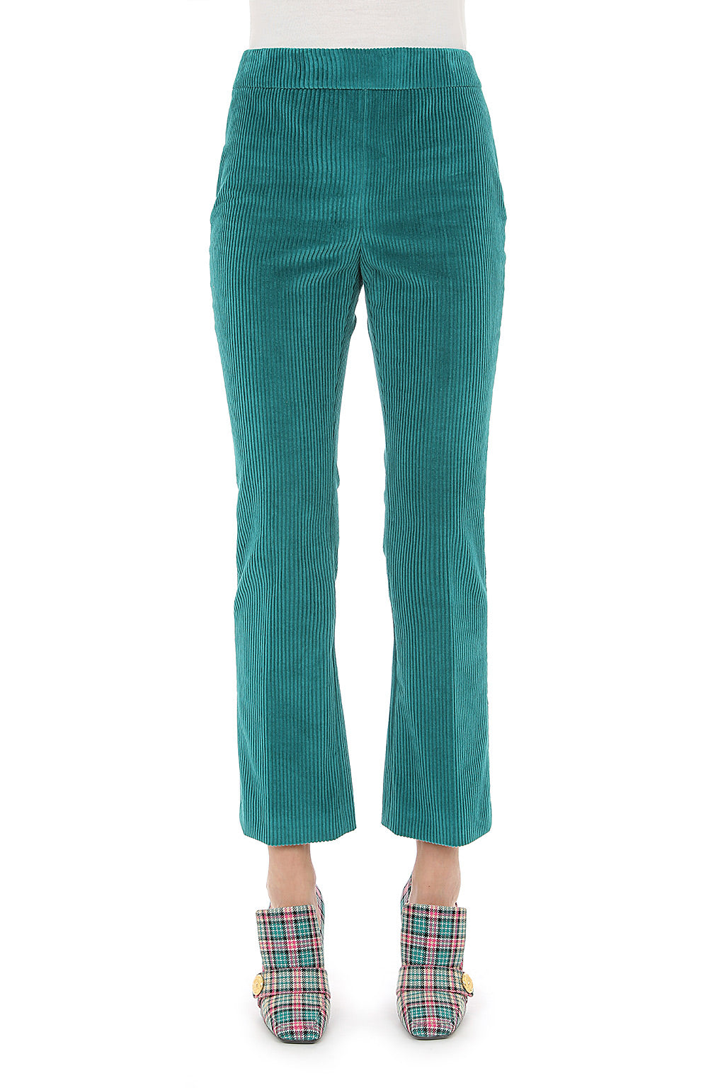 מכנסיים עם סיומת מתרחבת וריצרץ' בצד מקולקציית Boutique MOSCHINO הרכב: 100% כותנההדוגמנית בגובה 1.78 ולובשת מידה 40 איטלקית