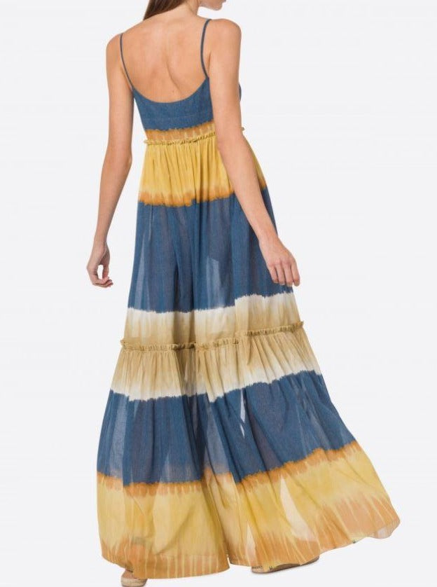 שמלת מקסי בהדפס טאי דאי עם בשילוב צבע חרדל