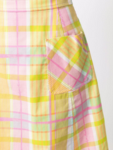 חצאית כותנה אורך ברך גזרת A ליין עם הדפס משבצות בורוד וצהוב